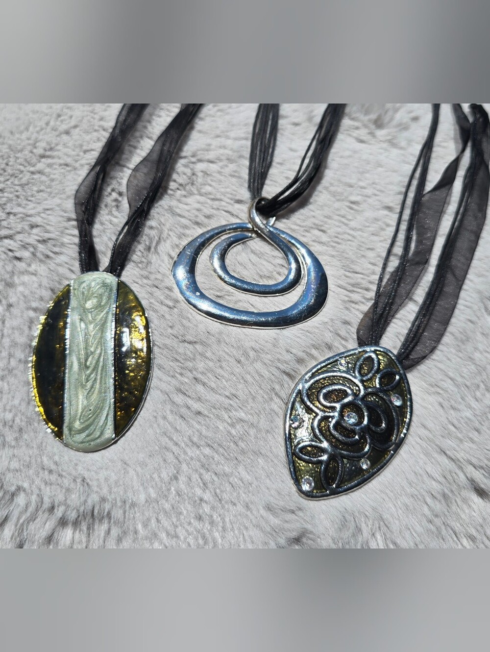 3pc Lot Boutique Ribbon Cord Statement Necklaces Black Enamel Filigree Set